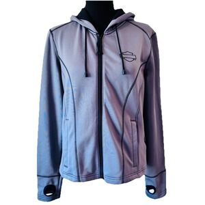 Women's Harley-Davidson Zip Hoodie Size Medium Gray Black Stitch Thumb Holes